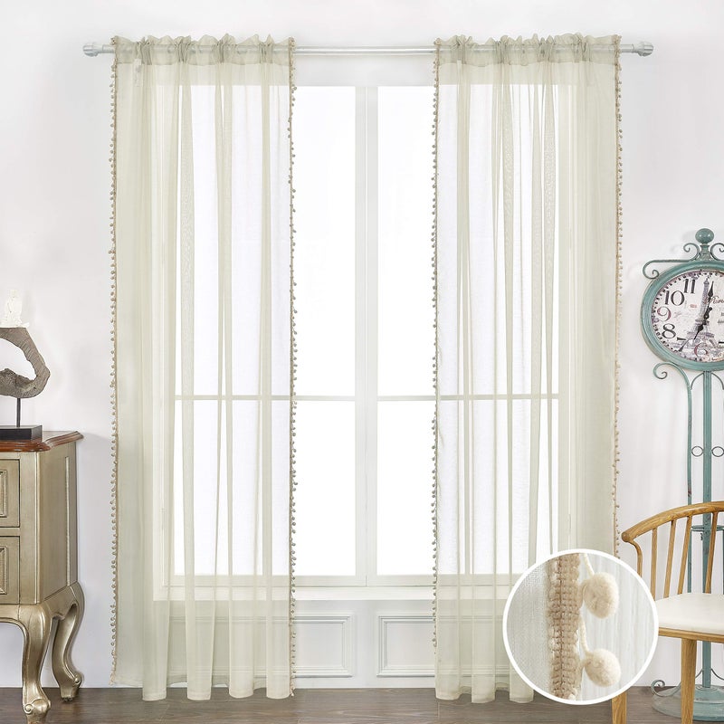 MISS SELECTEX Linen Look Pom Pom Tasseled Sheer Curtains - Rod Pocket Voile Semi-Sheer Curtains for Living and Bedroom, Set of 2 Curtain Panels (52 x 63 inch, Nature) - Image 2